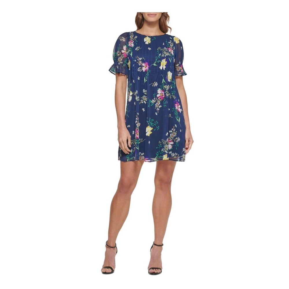 Dkny Blue Chiffon Floral Dress 👗 with Puff Sleeves Fully Lined